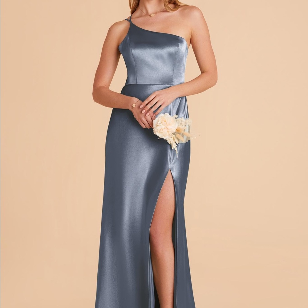 Birdy Grey Blue One Shoulder Slit Gown